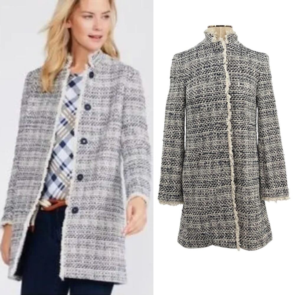 J. McLaughlin Walden Tweed‎ Coat Jacket Long Line Navy Blue Cream Size XS